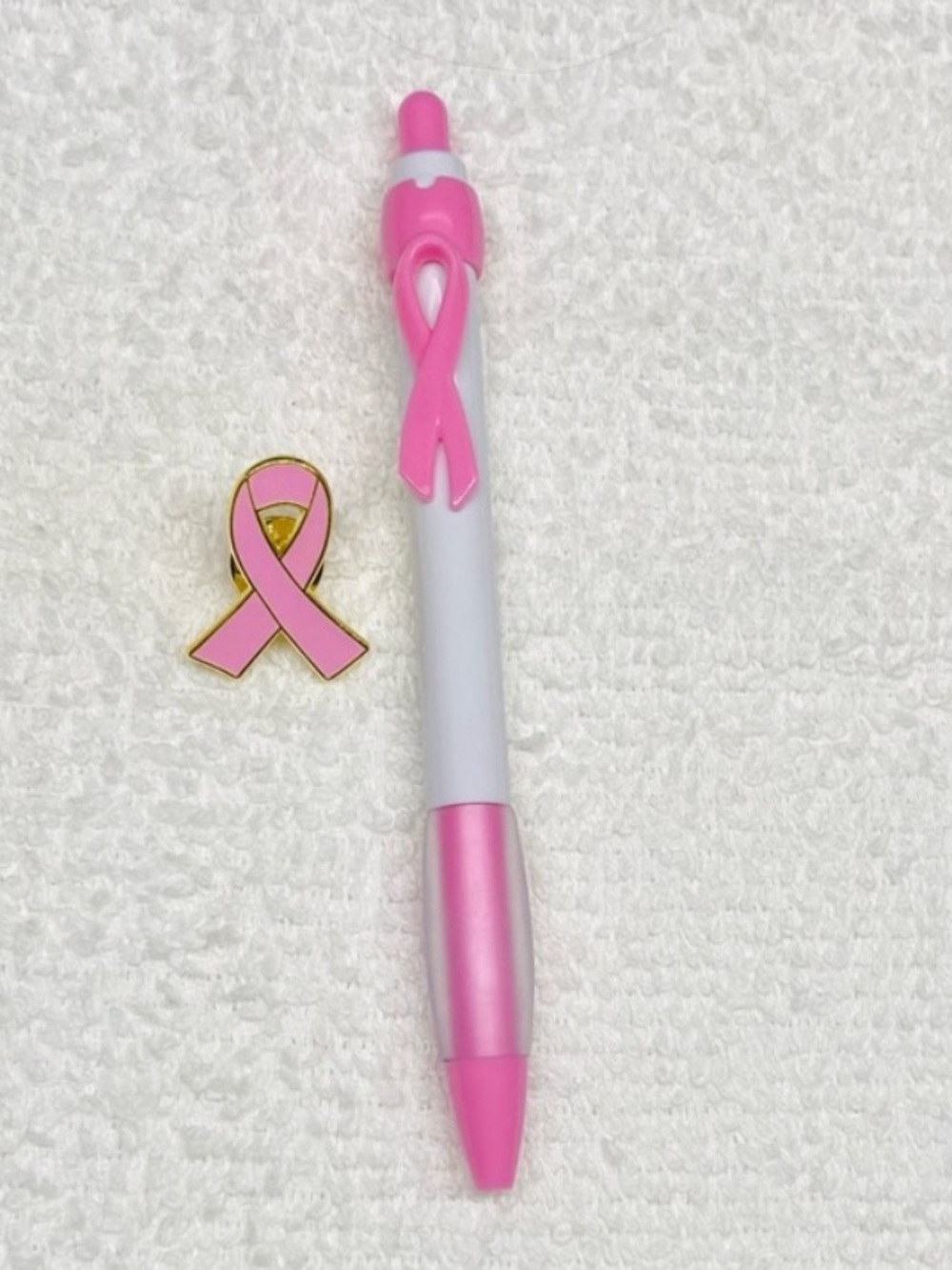 Breast Cancer Awareness Pink Ribbon Lapel Pin and Matching Pen New